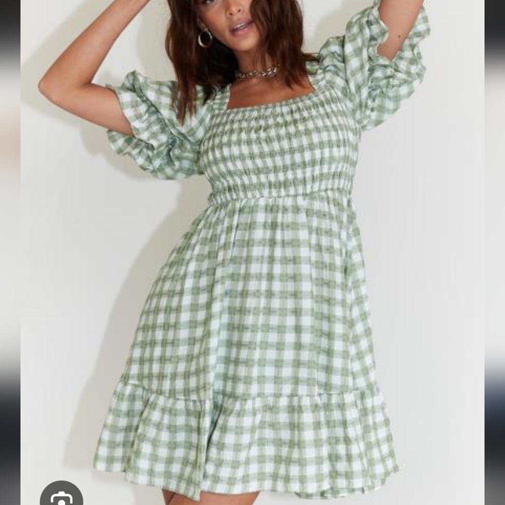 Princess Polly Green Gingham Puff Sleeve Flared Mini Dress